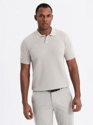 Męska bawełniana koszulka polo ze strukturalnej dzianiny – beżowa V6 OM-POSS-0117 - XXL. Brązowe koszulki polo męskie Ombre Clothing, l, bez wzorów, z bawełny, bez ramiączek. W wyprzedaży za 99.99 zł.