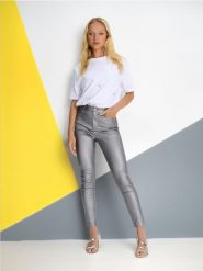 Spodnie slim fit - srebrny. Szare spodnie materiałowe damskie Sinsay, bez wzorów, z podwyższonym stanem. W wyprzedaży za 24.99 zł.