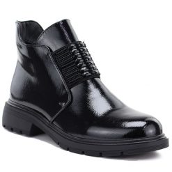 Botki damskie lakierowane czarne M.Daszyński MR2501. Czarne botki damskie M.Daszyński, z lakierowanej skóry, bez obcasa, bez zapięcia. Za 159.99 zł.