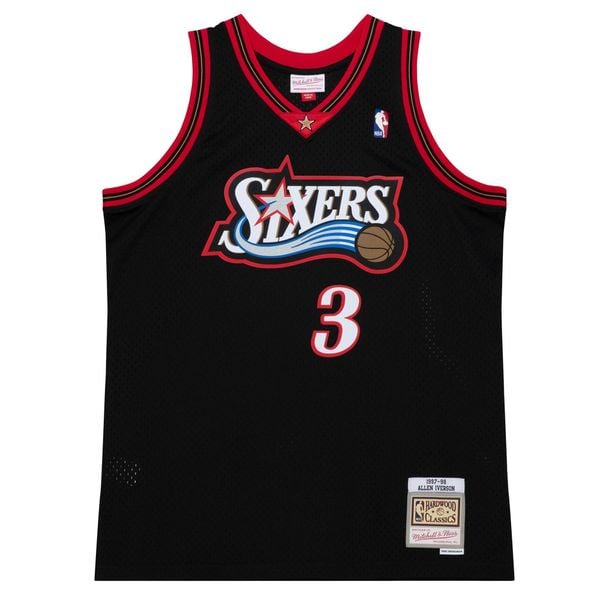 Koszulka NBA Philadelphia 76ers Allen Iverson. Czarne bluzki damskie Mitchell & Ness, bez wzorów, sportowe, bez kołnierzyka, bez ramiączek. Za 530.00 zł.