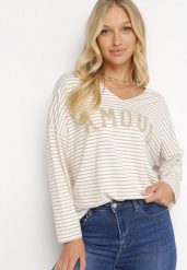 Beżowa Bluzka Oversize w Paski z Ozdobnym Napisem Vicca. Brązowe bluzki damskie Born2be, bez wzorów, bez kołnierzyka, bez ramiączek. Za 79.99 zł.
