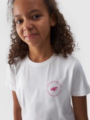 4F T-shirt gładki dziewczęcy - biały 122 (6-7 lat). Białe koszulki dziewczęce 4f, bez wzorów, z bawełny, bez ramiączek. W wyprzedaży za 19.99 zł.