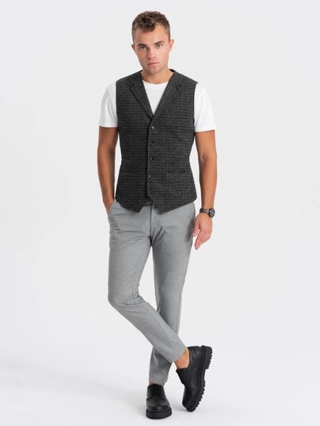 Kamizelka męska z domieszką wełny z klapami w kratkę - grafitowa V1. Szare kamizelki męskie Ombre Clothing, l, z poliesteru. W wyprzedaży za 119.99 zł.