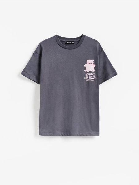 T-shirt z nadrukiem Pembe the Pink Cat - ciemnoszary. Szare koszulki dziewczęce Reserved, bez wzorów, z bawełny, bez ramiączek. Za 55.99 zł.
