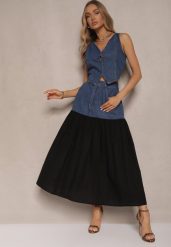 Niebieski Jeansowy Komplet z Wiskozy Kamizelka i Zwiewna Spódnica Calmoi. Niebieskie kamizelki damskie Renee, m, z jeansu. Za 189.99 zł.