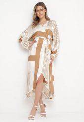 Beżowa Sukienka Kopertowa Kimono z Geometrycznym Wzorem i Wiązanym Paskiem Klerossa. Brązowe sukienki damskie Born2be, l, bez wzorów, bez kołnierzyka, bez ramiączek, midi, kopertowe. W wyprzedaży za 127.99 zł.