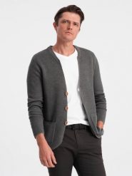 Dzianinowy męski kardigan z kieszeniami i ozdobnymi guzikami – grafitowy melanż V2 OM-SWCD-0109 - XXL. Szare kardigany męskie Ombre Clothing, l, z aplikacjami, z bawełny, casualowe, bez kołnierzyka. W wyprzedaży za 69.99 zł.