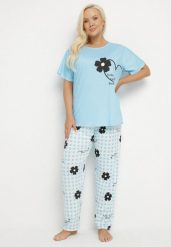 Niebieski Komplet Piżamowy z Motywem Kwiatowym Spodnie i T-shirt Milossa. Niebieskie piżamy damskie Born2be, plus size, z aplikacjami, plus size, bez ramiączek. Za 39.99 zł.