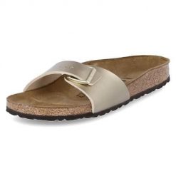 Klapki damskie Birkenstock Madrid. Żółte klapki damskie Birkenstock, bez wzorów, z materiału, bez obcasa. Za 339.00 zł.