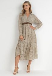 Beżowa Sukienka Rozkloszowana w Kwiaty z Paskiem Khito. Brązowe sukienki damskie Born2be, na co dzień, l, bez wzorów, eleganckie, bez kołnierzyka, bez ramiączek, maxi, rozkloszowane. W wyprzedaży za 127.99 zł.