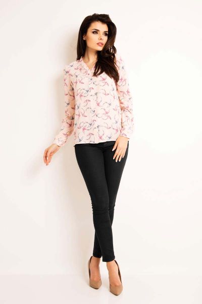 Różowa Koszulowa Bluzka z Dekoltem „V” w Jaskółki. Czerwone bluzki damskie Lou-Lou, l, bez wzorów, z elastanu, bez kołnierzyka, bez ramiączek. Za 129.90 zł.