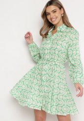 Zielono-Beżowa Bawełniana Sukienka Mini w Geometryczny Wzór Frenia. Zielone sukienki damskie Born2be, l, bez wzorów, z bawełny, eleganckie, bez kołnierzyka, bez ramiączek, mini, koszulowe. W wyprzedaży za 55.99 zł.