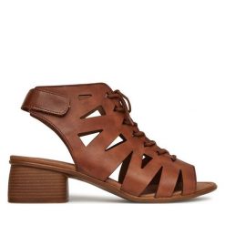 Sandały Remonte. Brązowe sandały damskie Remonte, bez wzorów, bez obcasa, na słupku. Za 389.99 zł.