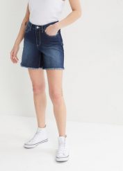 Szorty dżinsowe ze stretchem, mid waist. Niebieskie szorty damskie bonprix, bez wzorów, z jeansu. Za 72.99 zł.