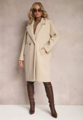 Jasnobeżowy Dwurzędowy Płaszcz Oversize z Wełną Spolete. Brązowe płaszcze damskie Renee, bez wzorów, z wełny, eleganckie. Za 289.99 zł.