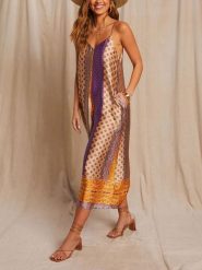 Milan Kiss Sukienka w kolorze beżowo-fioletowym rozmiar: XL. Brązowe sukienki damskie Milan Kiss, xl, bez wzorów, bez kołnierzyka, bez ramiączek, maxi. Za 245.96 zł.