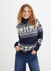 Sweter w norweskim stylu z marynarskimi motywami. Niebieskie golfy damskie bonprix, bez wzorów, bez ramiączek. Za 109.99 zł.