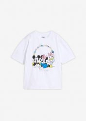 T-shirt oversize z nadrukiem Myszki Miki, z czystej bawełny. Białe koszulki dziewczęce bonprix, bez wzorów, z bawełny, bez ramiączek. Za 62.99 zł.