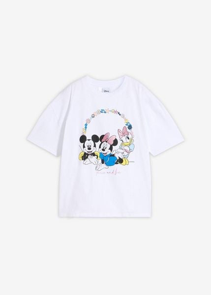T-shirt oversize z nadrukiem Myszki Miki, z czystej bawełny. Białe koszulki dziewczęce bonprix, bez wzorów, z bawełny, bez ramiączek. Za 62.99 zł.
