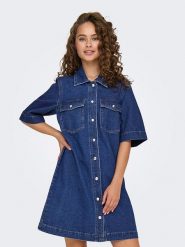 ONLY Sukienka dżinsowa w kolorze niebieskim rozmiar: XL. Niebieskie sukienki damskie Only, na co dzień, xl, bez wzorów, z bawełny, bez kołnierzyka, bez ramiączek, mini, proste. Za 101.23 zł.