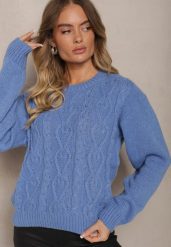 Niebieski Sweter z Wełną Ozdobnym Splotem i Ściągaczem Nariae. Niebieskie swetry klasyczne damskie Renee, uniwersalny, z jeansu, bez kołnierzyka. Za 54.99 zł.