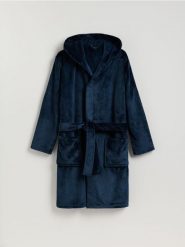 Szlafrok z kapturem - granatowy. Niebieskie szlafroki męskie Reserved, l, bez wzorów, z dzianiny. Za 159.99 zł.