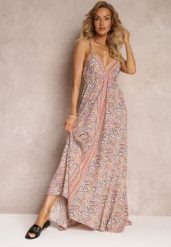 Beżowa Rozkloszowana Sukienka Maxi Wiązana na Szyi z Wiskozy z Printem Paisley Olympie. Brązowe sukienki damskie Renee, na lato, m, bez wzorów, z wiskozy, boho, bez kołnierzyka, bez ramiączek, maxi, rozkloszowane. W wyprzedaży za 83.99 zł.