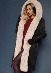 Czarno-Beżowa Kurtka Parka Ocieplana z Kapturem z Odpinanym Futerkiem Ściągana w Pasie Melintina. Czarne kurtki damskie Renee, l, bez wzorów, z futra. Za 329.99 zł.