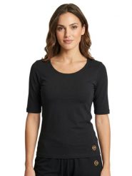 Elegancki damski T-shirt z rękawem 3/4. Czarne t-shirty damskie LEONE 1947 APPAREL, xs, bez wzorów, z jeansu, bez kołnierzyka. Za 235.76 zł.