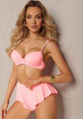 Jasnoróżowe Bikini Usztywniany Biustonosz z Cyrkoniami i Spodenki Kąpielowe Wykończone Gumką w Pasie Rilamia. Czerwone bikini damskie Renee, z aplikacjami. Za 44.99 zł.