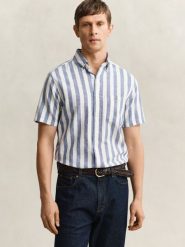 Gant Męska koszula z krótkim rękawem z lnu Mężczyźni Regular Fit Bawełna niebieski, L. Niebieskie koszule męskie Gant, na lato, l, bez wzorów, z bawełny, bez kołnierzyka, bez ramiączek. Za 549.95 zł.