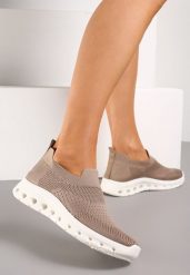 Ciemnobeżowe Buty Sportowe ze Skarpetkową Cholewką do Kostki Eirona. Brązowe buty sportowe na co dzień damskie Born2be, bez wzorów. Za 54.99 zł.
