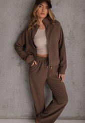 Brązowy Komplet Dresowy Spodnie Wide Leg i Bluza na Suwak ze Stójką Milia. Brązowe bluzy bez kaptura damskie Renee, l, z dresówki. Za 169.99 zł.