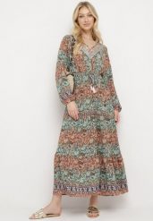 Zielona Sukienka Rozkloszowana z Falbanką w Print Paisley Kapiss. Zielone sukienki damskie Born2be, l, bez wzorów, eleganckie, bez kołnierzyka, bez ramiączek, maxi, rozkloszowane. W wyprzedaży za 87.99 zł.