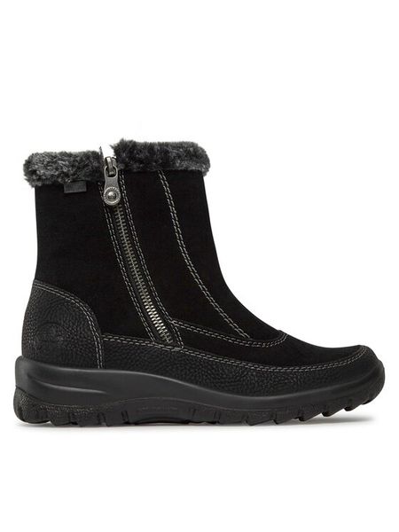 Rieker Botki L7173-00 Czarny. Czarne botki damskie Rieker, ze skóry, bez obcasa, na płaskiej podeszwie, bez zapięcia. Za 339.99 zł.
