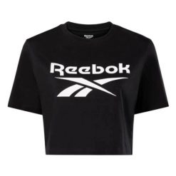 Koszulka Reebok Identity Big Logo Crop Tee. Czarne bluzki damskie Reebok, bez wzorów, sportowe, bez kołnierzyka, bez ramiączek. Za 66.99 zł.