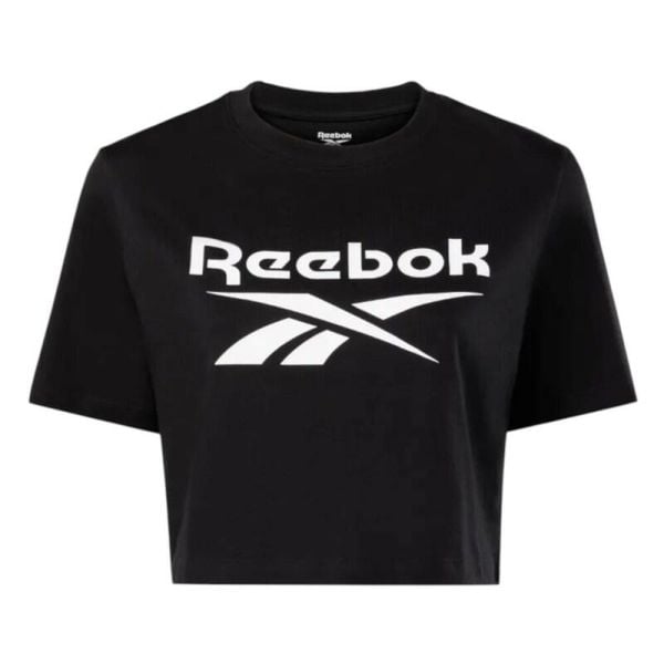 Koszulka Reebok Identity Big Logo Crop Tee. Czarne bluzki damskie Reebok, bez wzorów, sportowe, bez kołnierzyka, bez ramiączek. Za 66.99 zł.