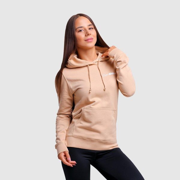 Bluza damska fitness z kapturem piaskowa PRO. Białe bluzy sportowe damskie GYMBEAM, xl, bez wzorów, z bawełny, bez ramiączek, długie, z kapturem. Za 88.90 zł.