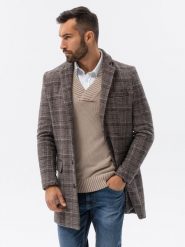 Jednorzędowy płaszcz męski w kratę - brązowy V1. Brązowe płaszcze męskie Ombre Clothing, m, bez wzorów, z poliesteru. W wyprzedaży za 199.99 zł.