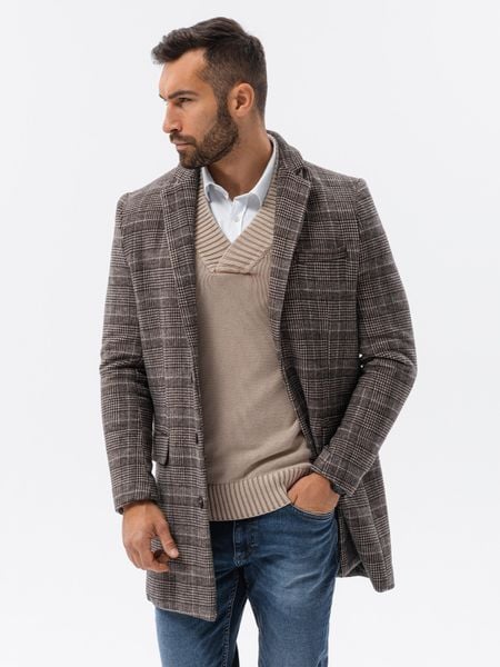 Jednorzędowy płaszcz męski w kratę - brązowy V1. Brązowe płaszcze męskie Ombre Clothing, m, bez wzorów, z poliesteru. W wyprzedaży za 199.99 zł.