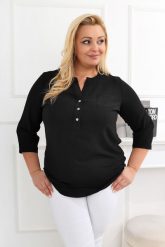 Elegancka czarna bluzka z rękawem 3/4 PLUS SIZE XXL. Czarne bluzki sportowe damskie Nasi partnerzy, plus size, bez wzorów, z elastanu, bez ramiączek. Za 199.90 zł.