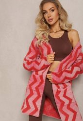 Czerwony Luźny Kardigan Niezapinany w Geometryczny Print Sheshy. Czerwone kardigany damskie Renee, bez wzorów, z dzianiny. Za 119.99 zł.