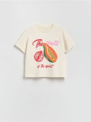 T-shirt z nadrukiem - kremowy. Białe t-shirty damskie Reserved, l, bez wzorów, z bawełny, bez kołnierzyka. Za 49.99 zł.