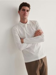 Koszulka polo slim - złamana biel. Koszulki polo męskie Reserved, l, bez wzorów, z bawełny, bez ramiączek. Za 119.99 zł.