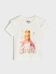 Bawełniana koszulka z nadrukiem Barbie - kremowy. Białe koszulki dziewczęce Sinsay, l, bez wzorów, z bawełny, bez ramiączek. Za 15.99 zł.