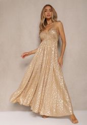 Beżowa Wiskozowa Sukienka Halter Zdobiona Metalicznym Nadrukiem w Panterkę Linaruna. Brązowe sukienki damskie Renee, na co dzień, m, z aplikacjami, z materiału, eleganckie, bez kołnierzyka, bez ramiączek, maxi, rozkloszowane. W wyprzedaży za 90.99 zł.