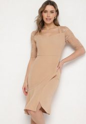 Beżowa Asymetryczna Sukienka Vices o Dopasowanym Kroju z Koronką Natifese. Brązowe sukienki damskie Born2be, na co dzień, l, bez wzorów, z koronki, eleganckie, z asymetrycznym kołnierzem, bez ramiączek, midi, asymetryczne. W wyprzedaży za 79.99 zł.
