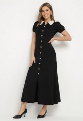 Czarna Rozkloszowana Sukienka Retro z Wiskozy z Guzikami i Kołnierzykiem Andival. Czarne sukienki damskie Born2be, na co dzień, z aplikacjami, z wiskozy, eleganckie, bez kołnierzyka, bez ramiączek, maxi, proste. W wyprzedaży za 151.99 zł.