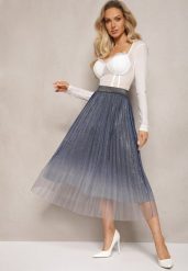Granatowa Spódnica z Siateczki Ozdobionej Brokatem z Gumką w Talii Henizia. Niebieskie spódniczki damskie Renee, s, bez wzorów, eleganckie, midi. Za 44.99 zł.