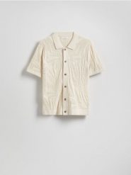 Ażurowy sweter z krótkim rękawem - beżowy. Brązowe swetry męskie Reserved, l, w ażurowe wzory, z bawełny, bez kołnierzyka. Za 139.99 zł.